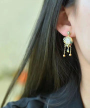 Loose Gold Sterling Silver Overgild Enamel Jade Tassel Drop Earrings