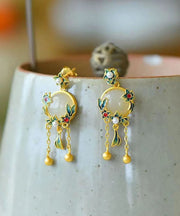 Loose Gold Sterling Silver Overgild Enamel Jade Tassel Drop Earrings