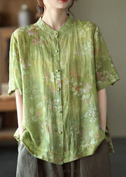 Loose Grass Green Stand Collar Print Button Cotton Top Short Sleeve