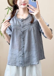 Loose Grayish Blue Ruffled Button Patchwork Cotton Shirt Half Sleeve