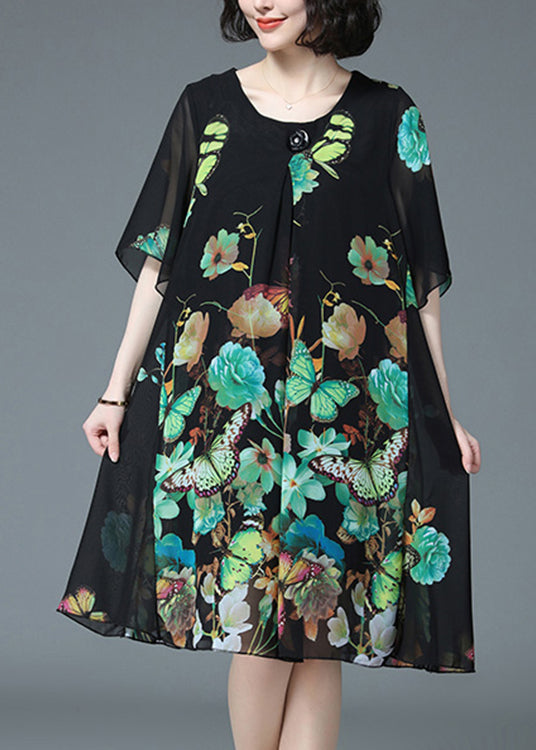 Loose Green Butterfly Print O-Neck Chiffon Dress Half Sleeve