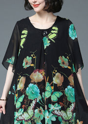 Loose Green Butterfly Print O-Neck Chiffon Dress Half Sleeve