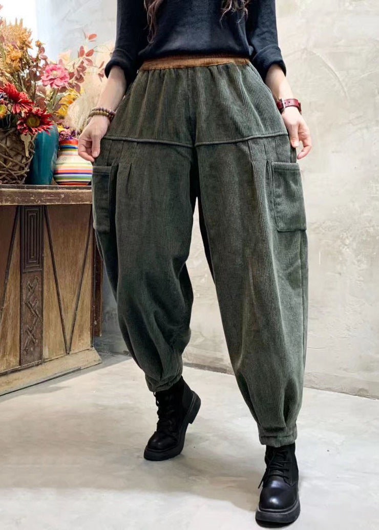 Loose Green Corduroy Patchwork Thick Cargo Winter Pants