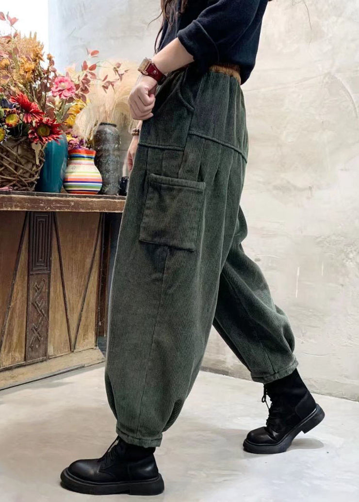 Loose Green Corduroy Patchwork Thick Cargo Winter Pants