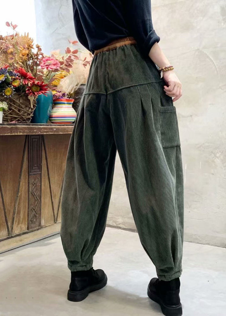 Loose Green Corduroy Patchwork Thick Cargo Winter Pants