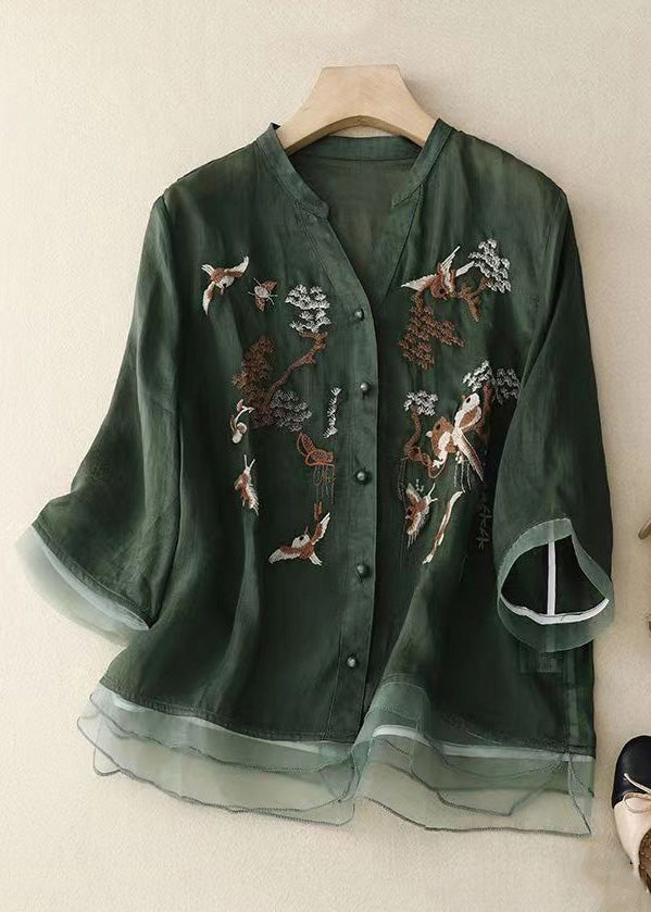 Loose Green Embroideried Button Patchwork Cotton Top Spring