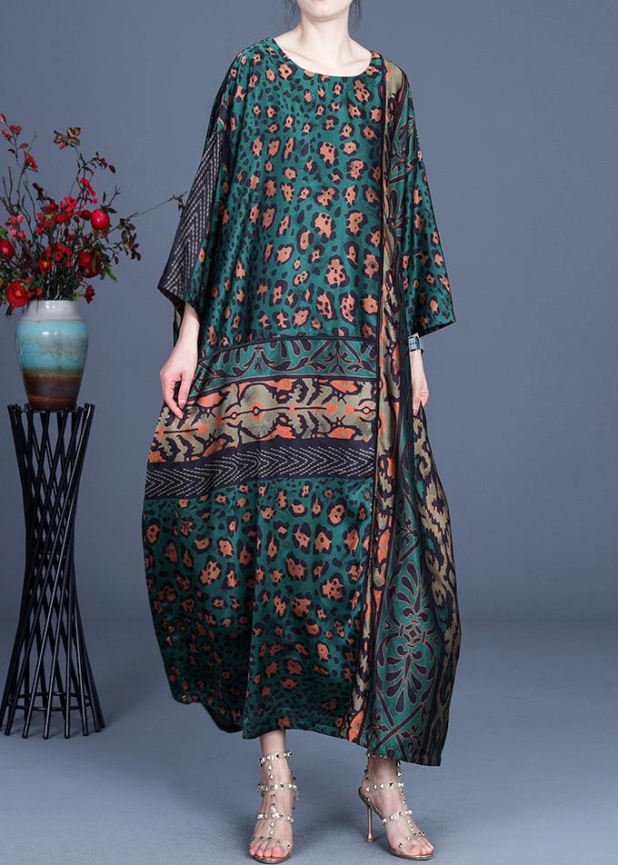 Loose Green Leopard Long sleeve Chiffon Holiday Dress Summer Spring - bagstylebliss