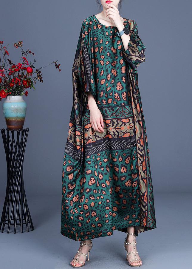 Loose Green Leopard Long sleeve Chiffon Holiday Dress Summer Spring - bagstylebliss