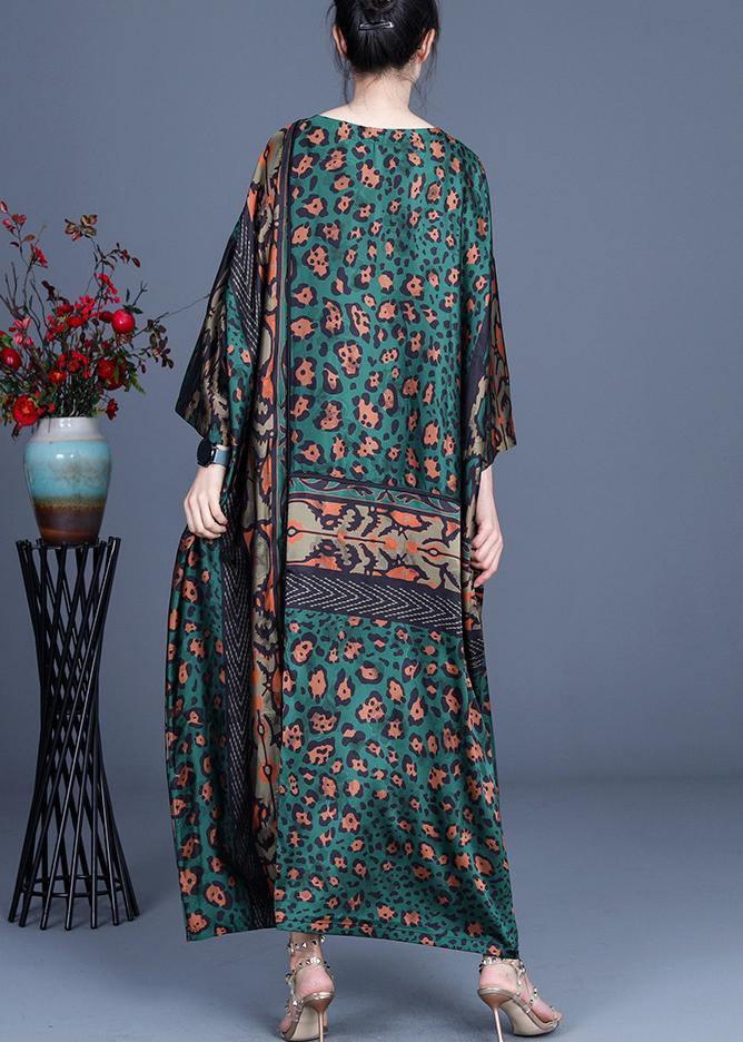 Loose Green Leopard Long sleeve Chiffon Holiday Dress Summer Spring - bagstylebliss