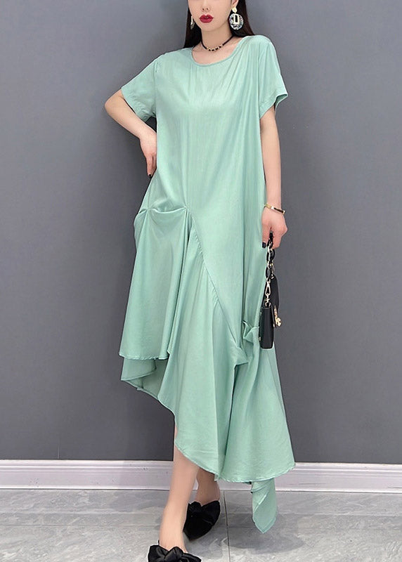 Loose Green O-Neck Asymmetrical Pockets Dress Short Sleeve