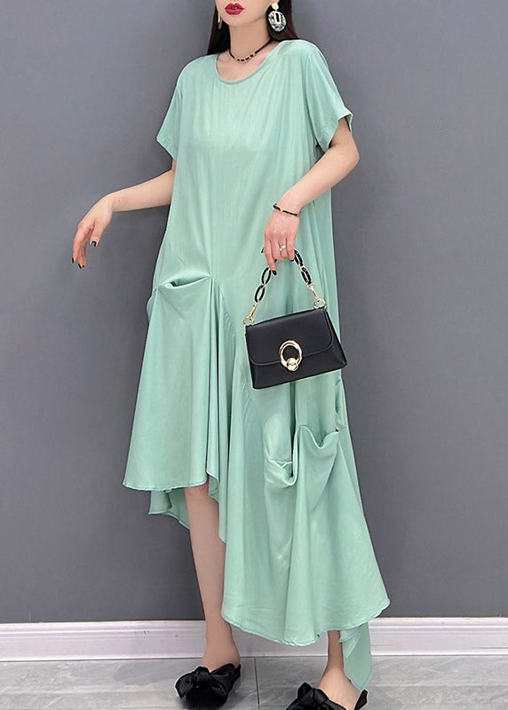 Loose Green O-Neck Asymmetrical Pockets Dress Short Sleeve