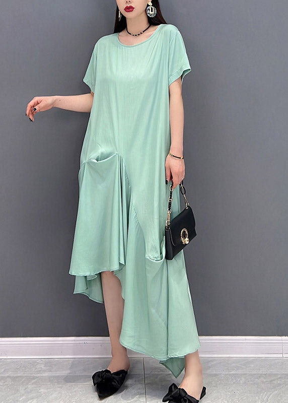 Loose Green O-Neck Asymmetrical Pockets Dress Short Sleeve