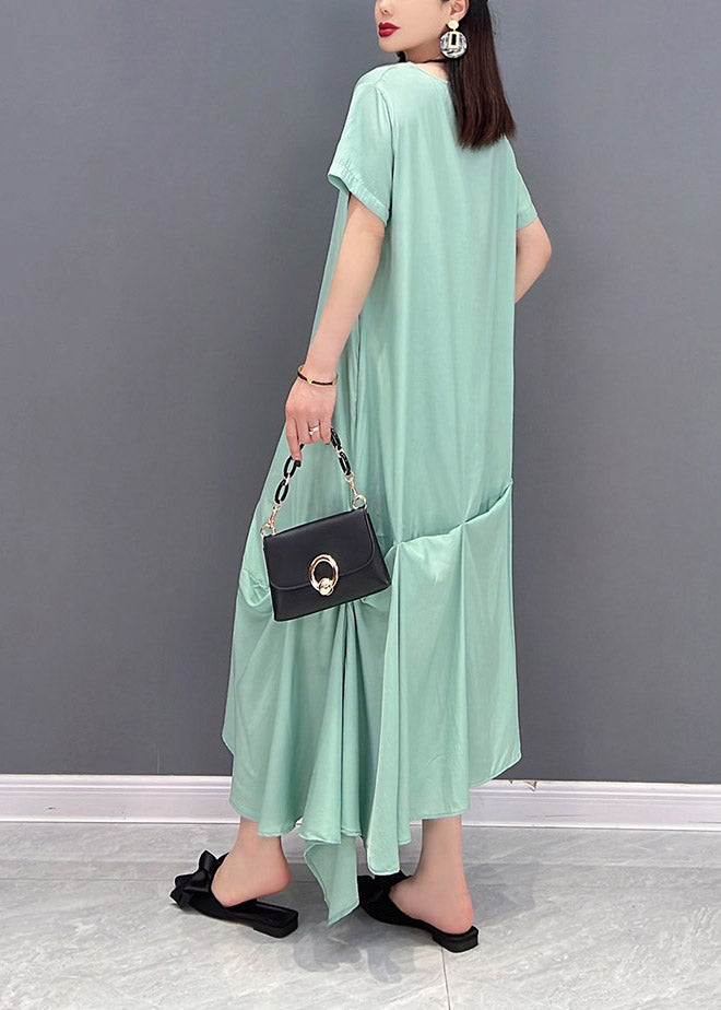 Loose Green O-Neck Asymmetrical Pockets Dress Short Sleeve