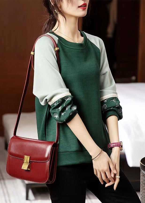 Loose Green O Neck Embroidered Patchwork Cotton Sweatshirts Fall