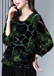 Loose Green O Neck Jacquard Patchwork Velour T Shirt Top Fall