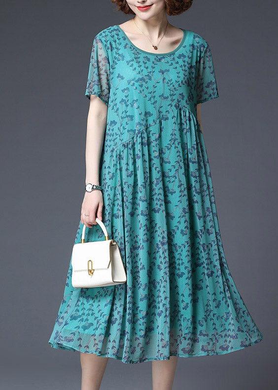 Loose Green O-Neck Print Chiffon Long Dress Short Sleeve