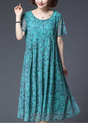 Loose Green O-Neck Print Chiffon Long Dress Short Sleeve