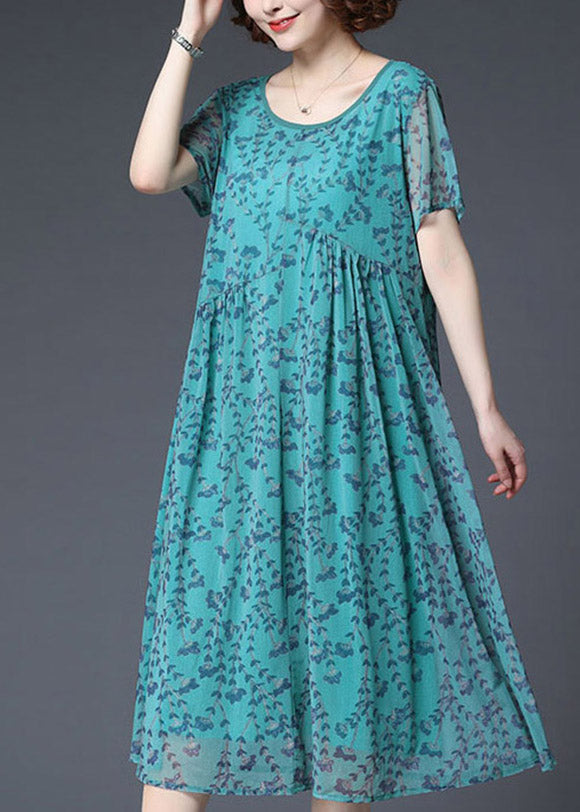 Loose Green O-Neck Print Chiffon Long Dress Short Sleeve