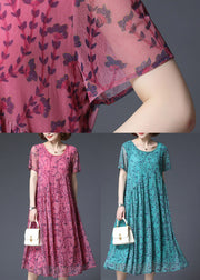 Loose Green O-Neck Print Chiffon Long Dress Short Sleeve