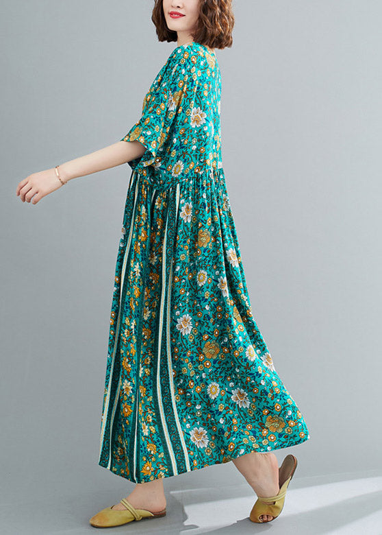 Loose Green O-Neck Print Wrinkled Long Dresses Short Sleeve