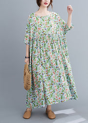 Loose Green O-Neck wrinkled Print Long Dress Short Sleeve