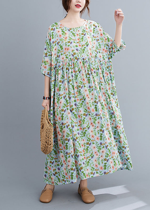 Loose Green O-Neck wrinkled Print Long Dress Short Sleeve