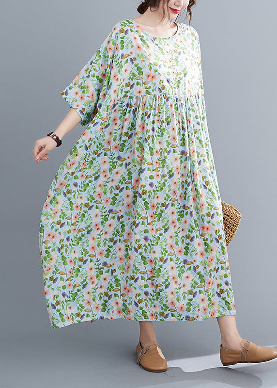 Loose Green O-Neck wrinkled Print Long Dress Short Sleeve