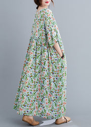 Loose Green O-Neck wrinkled Print Long Dress Short Sleeve