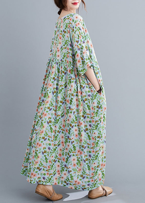 Loose Green O-Neck wrinkled Print Long Dress Short Sleeve