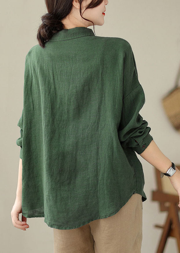 Loose Green Patchwork Button Pockets Shirts Long Sleeve