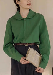 Loose Green Peter Pan Collar Button  Cotton Blouses Fall