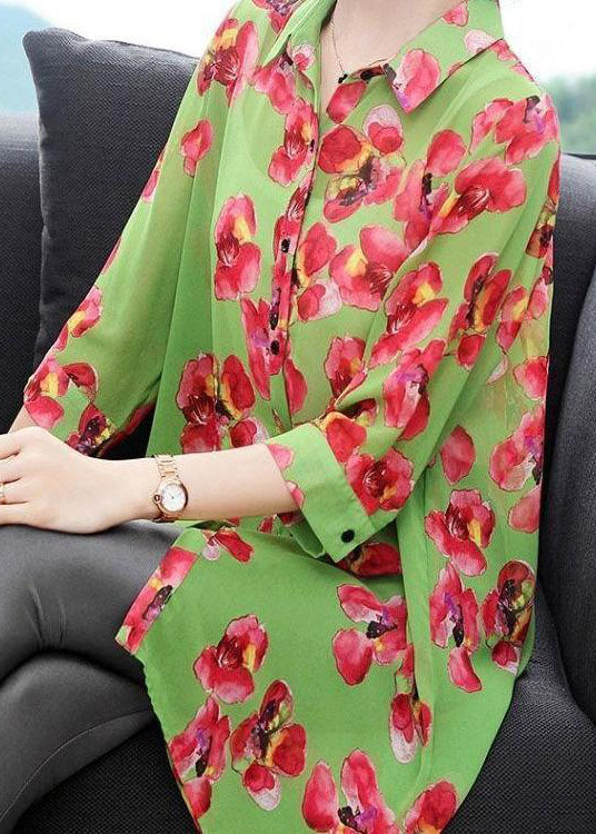 Loose Green Peter Pan Collar Print Chiffon Blouse Top Spring