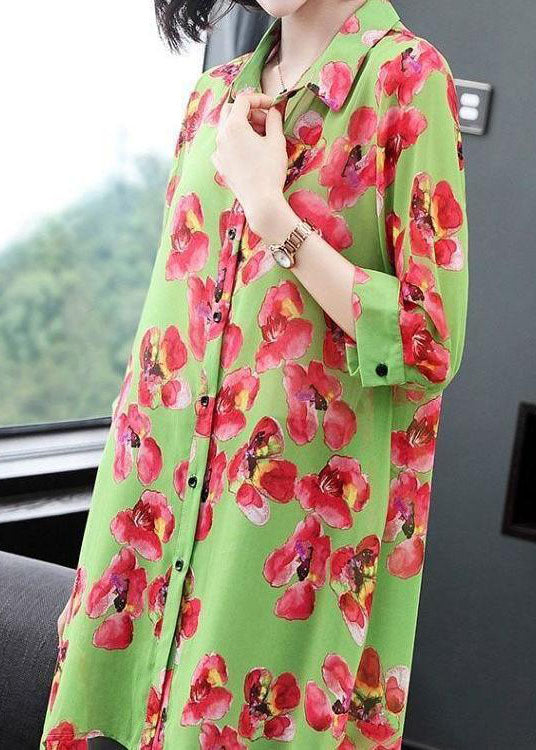 Loose Green Peter Pan Collar Print Chiffon Blouse Top Spring