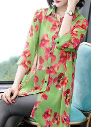 Loose Green Peter Pan Collar Print Chiffon Blouse Top Spring