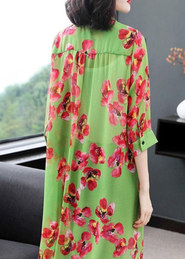 Loose Green Peter Pan Collar Print Chiffon Blouse Top Spring