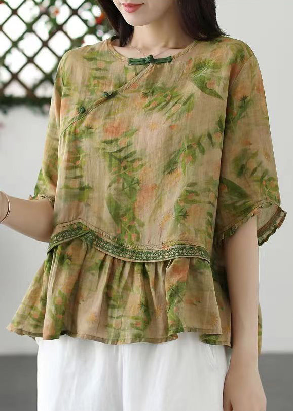 Loose Green Print Button Patchwork Cotton T Shirt Half Sleeve