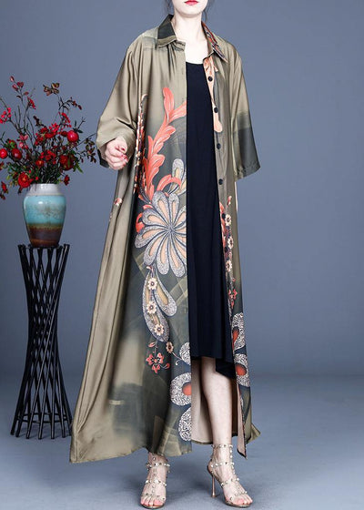 Loose Green Print Spring Long sleeve Long Loose Coat - bagstylebliss