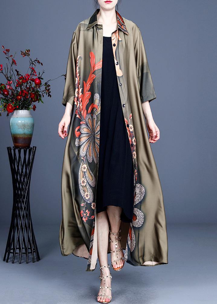 Loose Green Print Spring Long sleeve Long Loose Coat - bagstylebliss