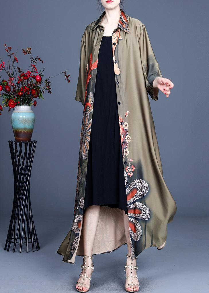 Loose Green Print Spring Long sleeve Long Loose Coat - bagstylebliss