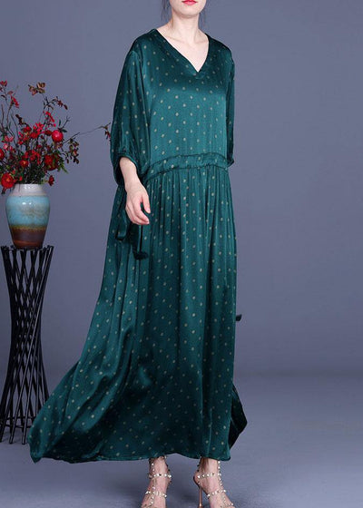 Loose Green Print Tie Waist Summer O-Neck Long Dress - bagstylebliss