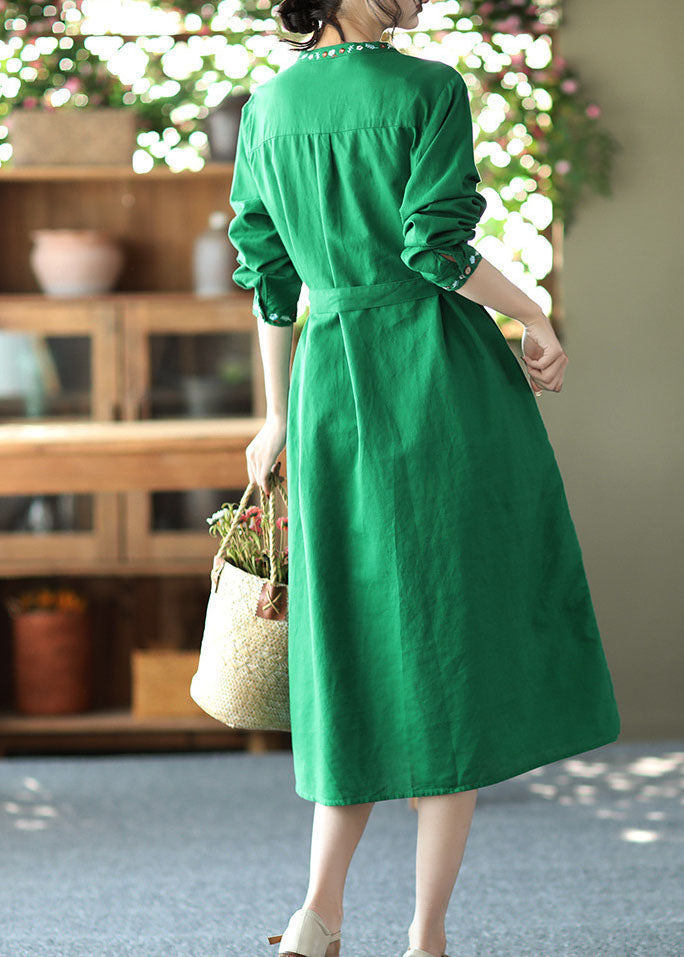 Loose Green Sashes Pockets Linen Holiday Dress Long Sleeve