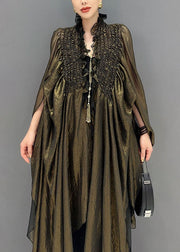 Loose Green V Neck Asymmetrical Ruffled Patchwork Wrinkled Long Dress Fall