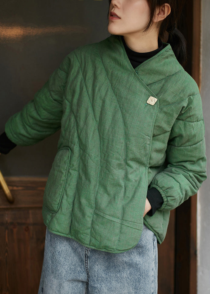 Loose Green V Neck Button Cotton Filled Coats Long Sleeve