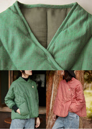 Loose Green V Neck Button Cotton Filled Coats Long Sleeve