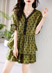 Loose Green V Neck Dot Wrinkled Cotton Two Pieces Set Summer