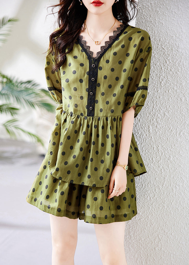 Loose Green V Neck Dot Wrinkled Cotton Two Pieces Set Summer