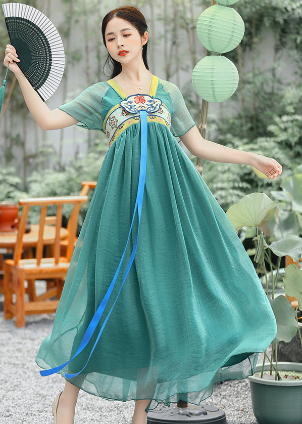 Loose Green V Neck Embroidered Patchwork Chiffon Dress Summer