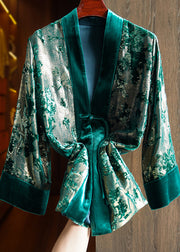 Loose Green V Neck Jacquard Patchwork Silk Velour Coats Fall