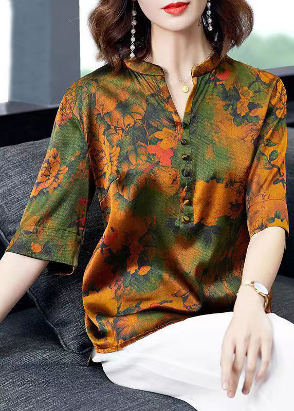 Loose Green V Neck Print Patchwork Silk Tops Summer