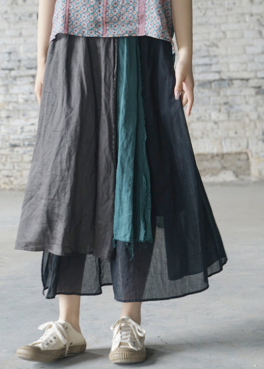 Loose Green elastic waist asymmetrical design Linen Skirts Spring
